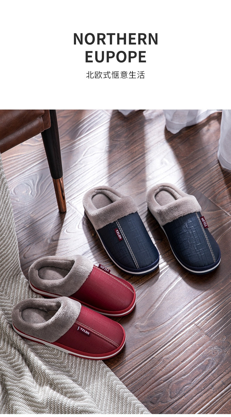 Men and Women Big Size 13, 14, and 16 Winter Indoor Warm Plush Waterproof PU Leather Slippers