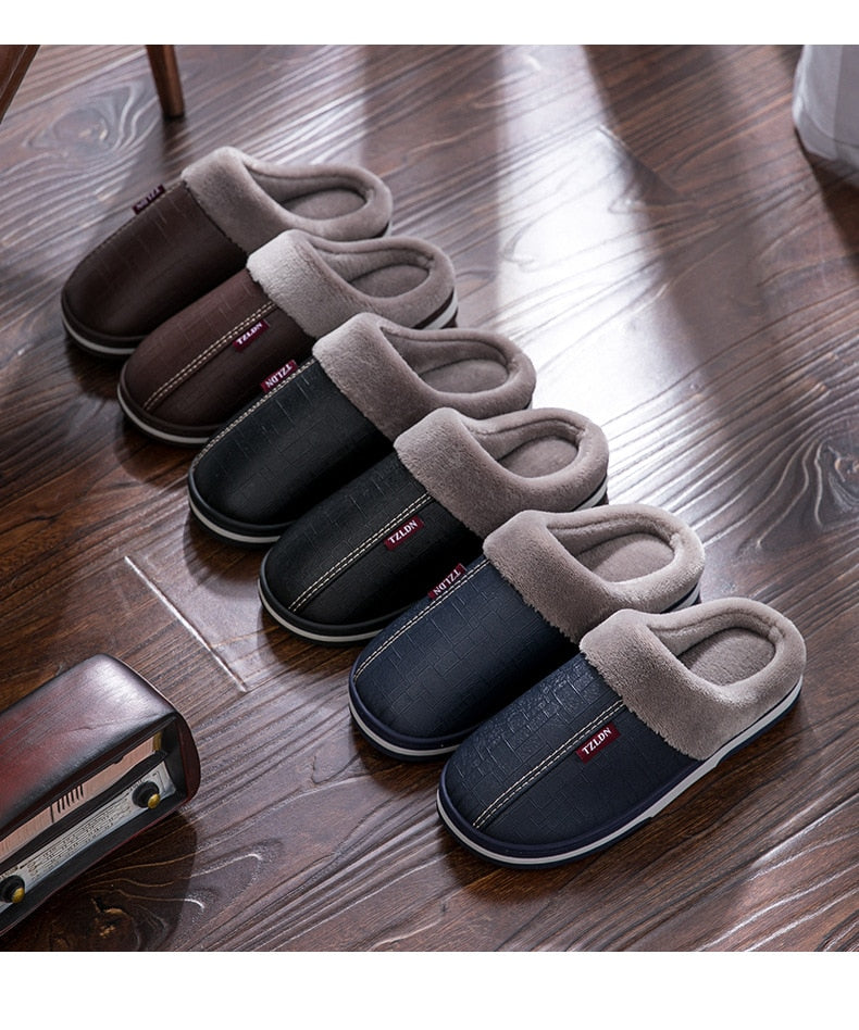 Men and Women Big Size 13, 14, and 16 Winter Indoor Warm Plush Waterproof PU Leather Slippers