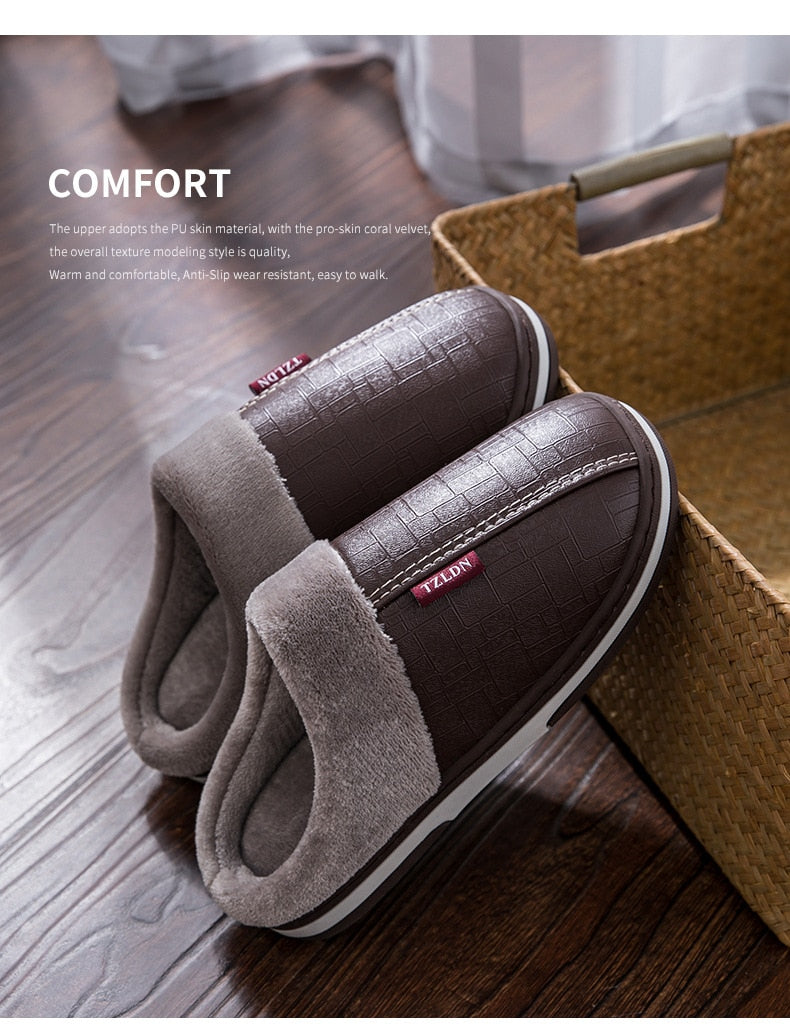 Men and Women Big Size 13, 14, and 16 Winter Indoor Warm Plush Waterproof PU Leather Slippers