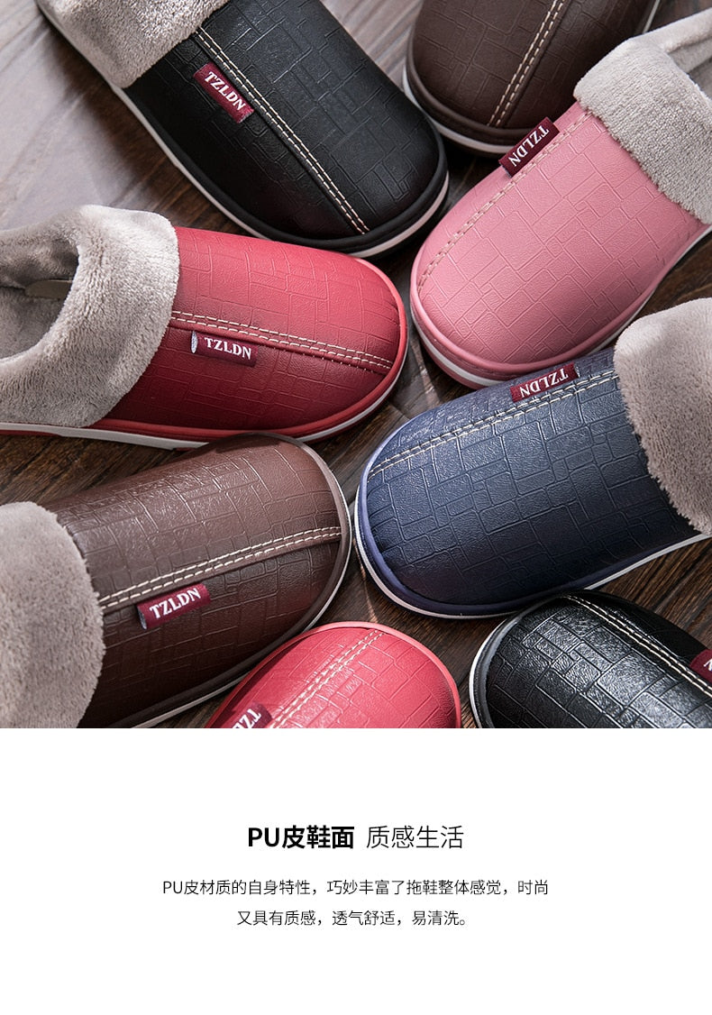 Men and Women Big Size 13, 14, and 16 Winter Indoor Warm Plush Waterproof PU Leather Slippers