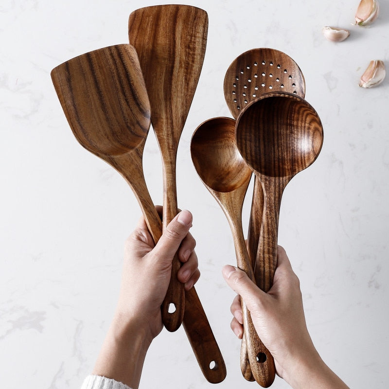 AUSHC - 50% SALE Extravaganza! 7-Piece Thailand Teak Natural Wooden Utensil Set ⭐️⭐️⭐️⭐️⭐️ Rating!