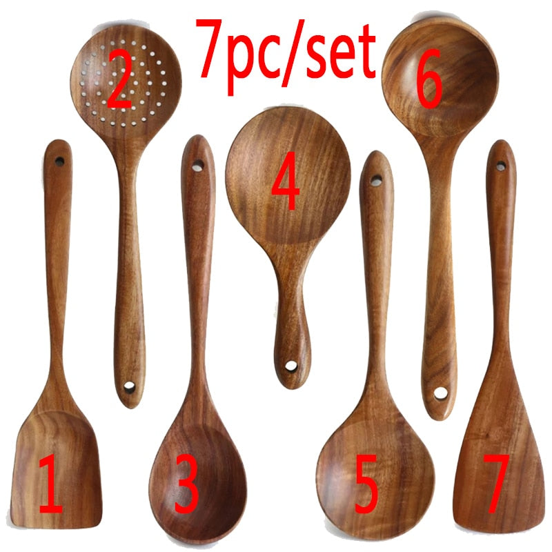 AUSHC - 50% SALE Extravaganza! 7-Piece Thailand Teak Natural Wooden Utensil Set ⭐️⭐️⭐️⭐️⭐️ Rating!