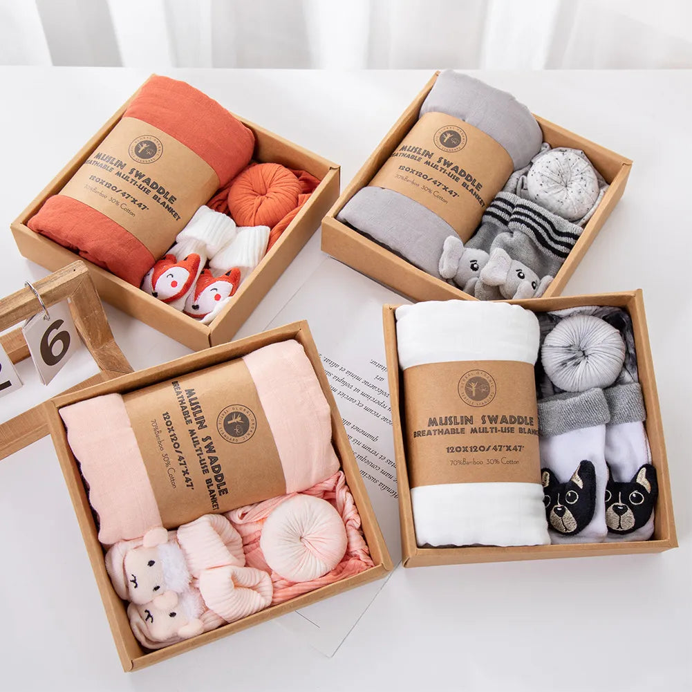 AUSHC - 4Pcs/Box Baby Socks Turban Hats Solid 120cm*120cm Muslin Cotton Saddle Newborn Gifts Elephant Fox Sheep Legging Sock