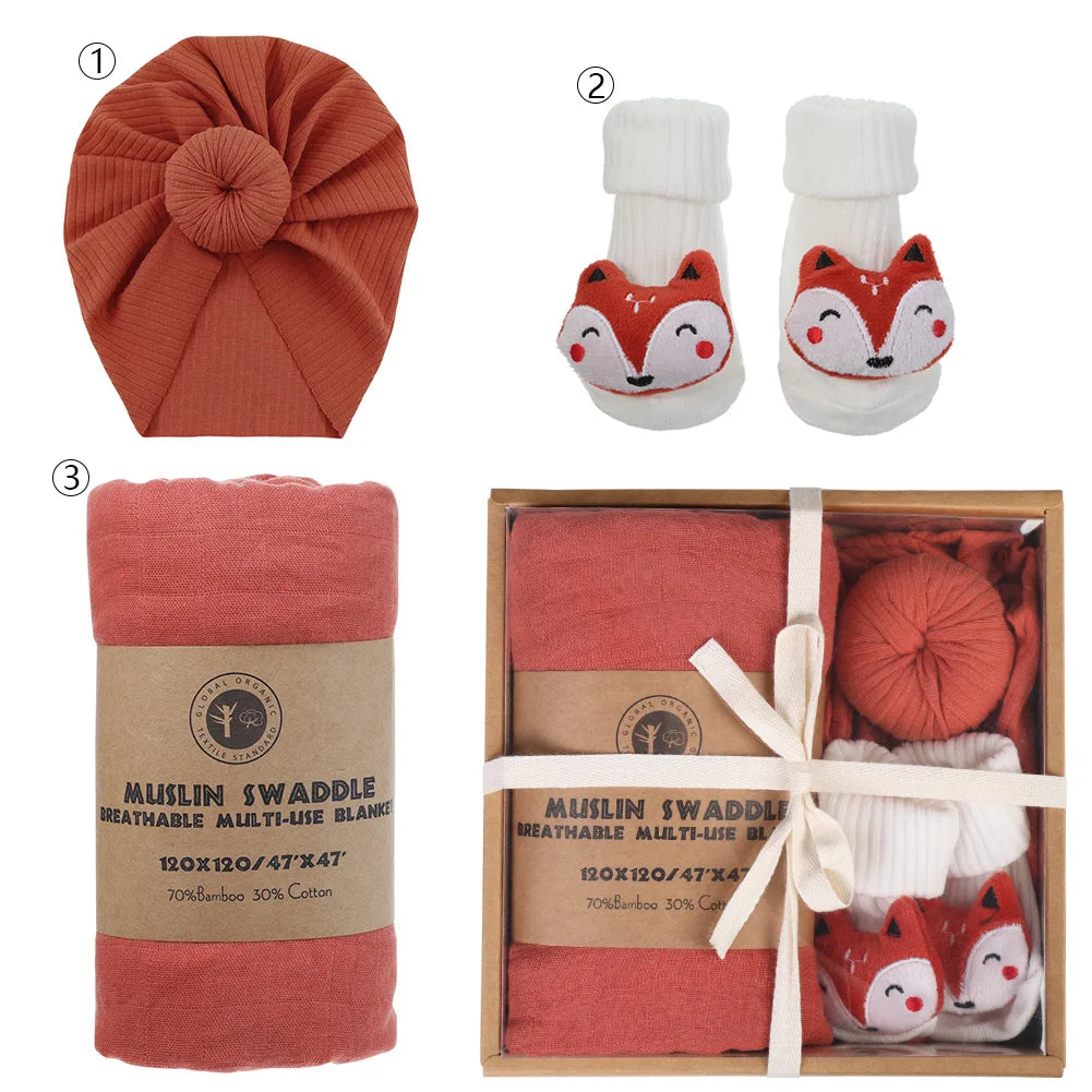 AUSHC - 4Pcs/Box Baby Socks Turban Hats Solid 120cm*120cm Muslin Cotton Saddle Newborn Gifts Elephant Fox Sheep Legging Sock