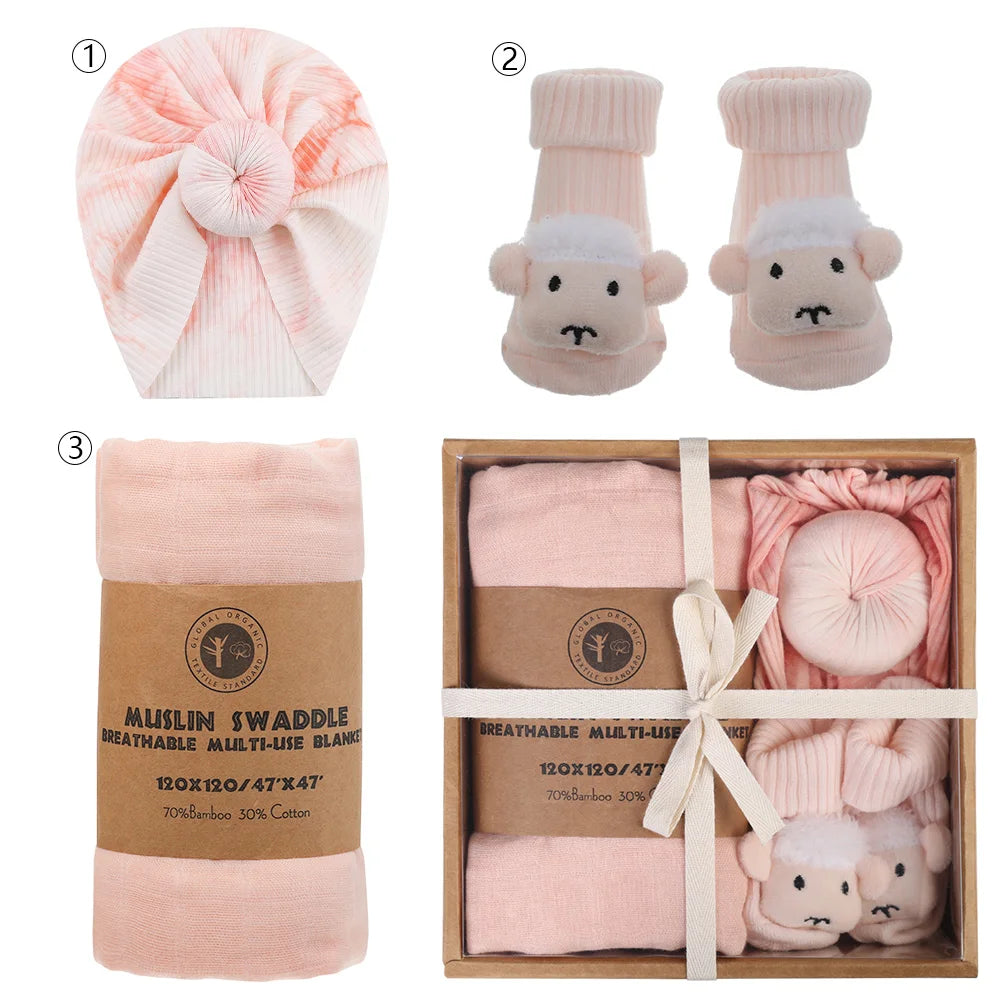AUSHC - 4Pcs/Box Baby Socks Turban Hats Solid 120cm*120cm Muslin Cotton Saddle Newborn Gifts Elephant Fox Sheep Legging Sock