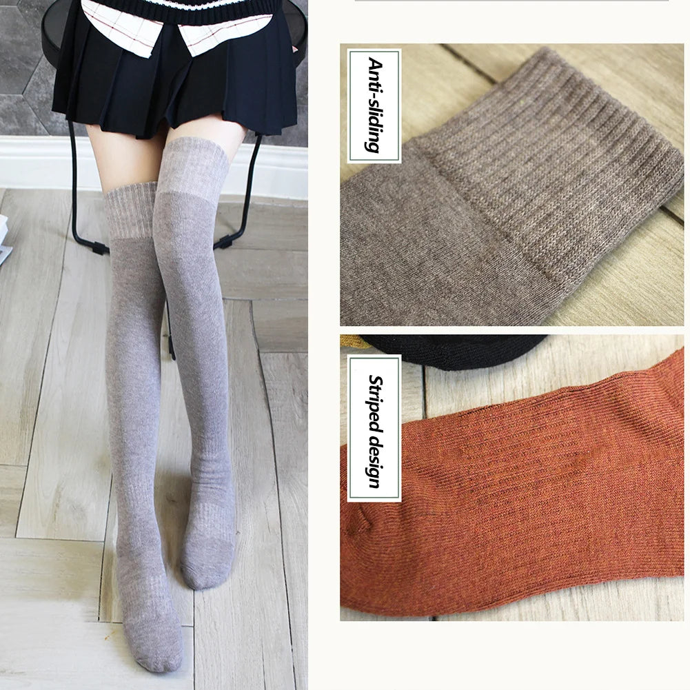 AUSHC - Knee Thigh High Socks For Women Long Stockings Cute Kawaii Thick Leg Warmers Cotton Tall Tube Girl Sock