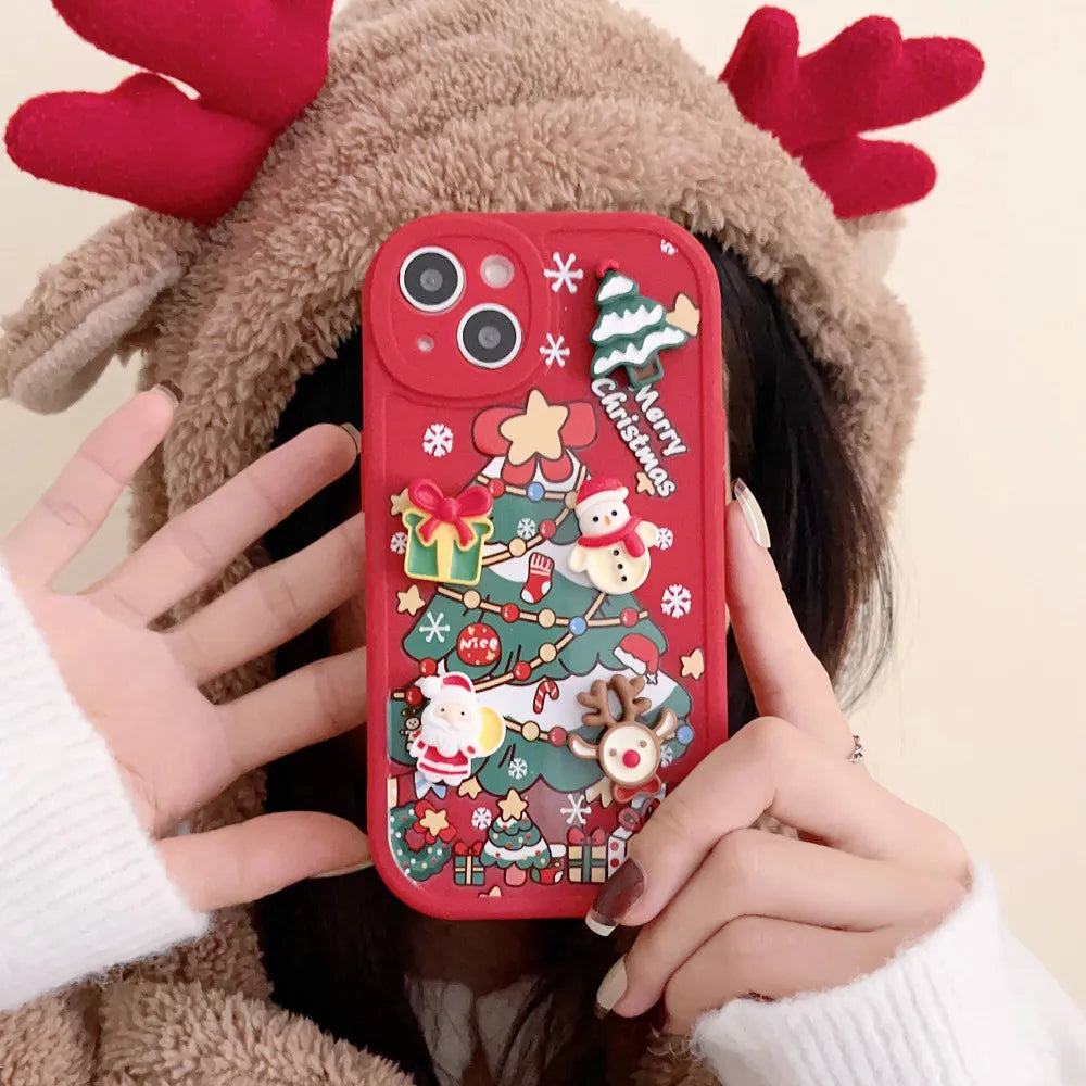 AUSHC - Ottwn 3D Cartoon Elk Santa Claus Tree Christmas Phone Case For iPhone 13 11 12 Pro Max 13 14 Plus X XR XS 7 8 Plus SE 2020 Cover