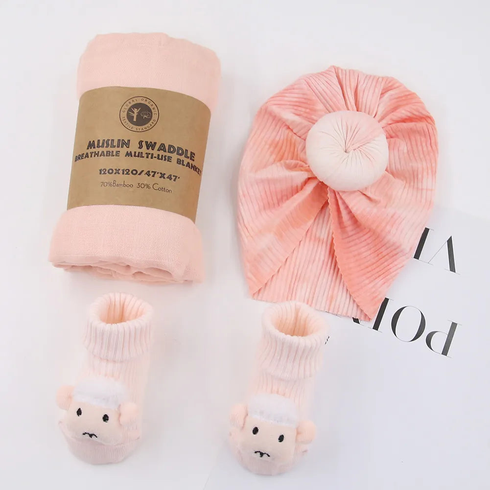 AUSHC - 4Pcs/Box Baby Socks Turban Hats Solid 120cm*120cm Muslin Cotton Saddle Newborn Gifts Elephant Fox Sheep Legging Sock