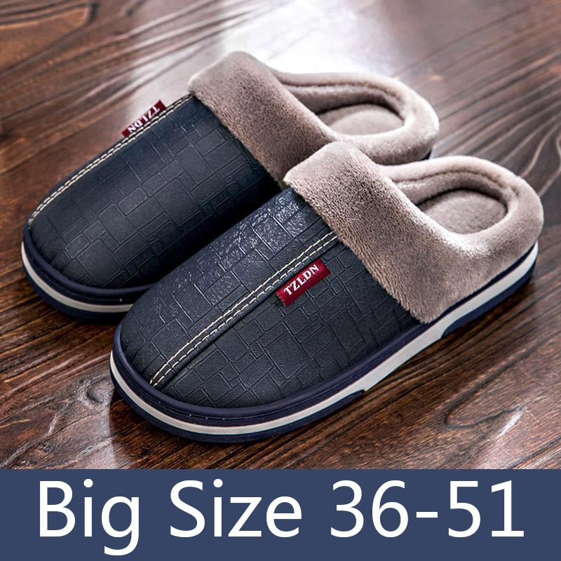 Men and Women Big Size 13, 14, and 16 Winter Indoor Warm Plush Waterproof PU Leather Slippers