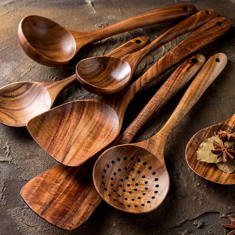 AUSHC - 50% SALE Extravaganza! 7-Piece Thailand Teak Natural Wooden Utensil Set ⭐️⭐️⭐️⭐️⭐️ Rating!