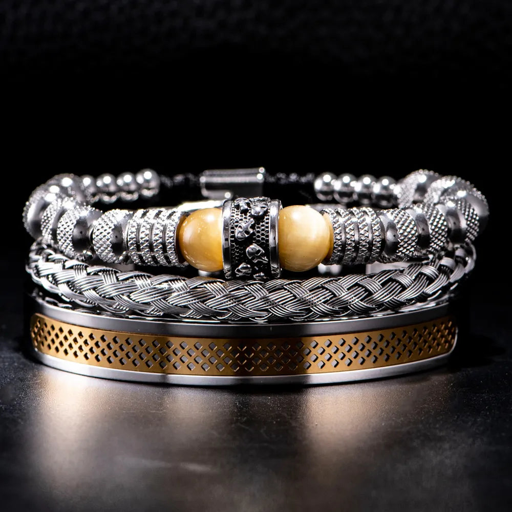 AUSHC - Stylish 3-Piece Set: Steel, Skulls, and Stone for Men's Bold Bracelet Game.