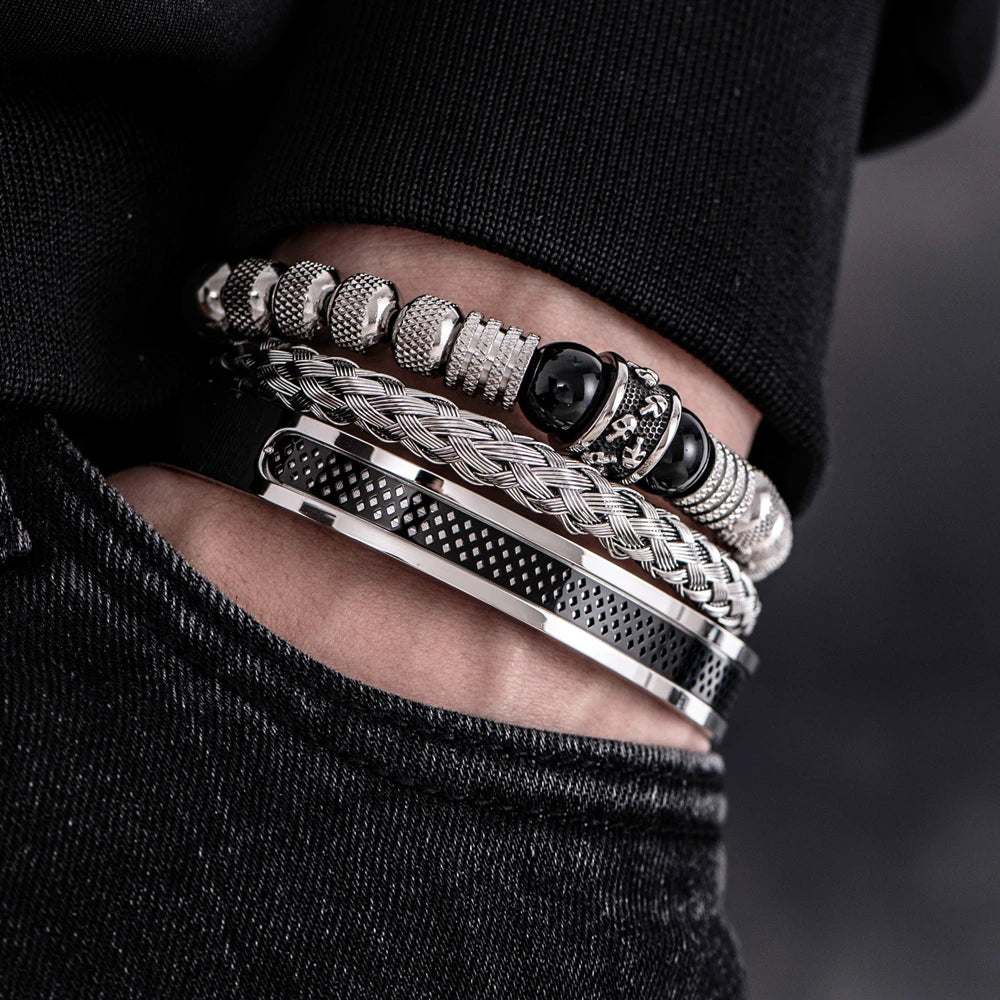 AUSHC - Stylish 3-Piece Set: Steel, Skulls, and Stone for Men's Bold Bracelet Game.