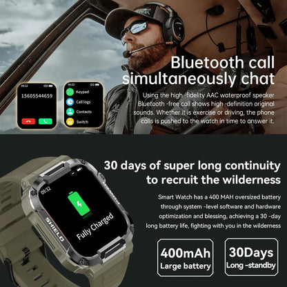 Rugged Military Smartwatch- IP68 Waterproof, AI Voice, Bluetooth Call