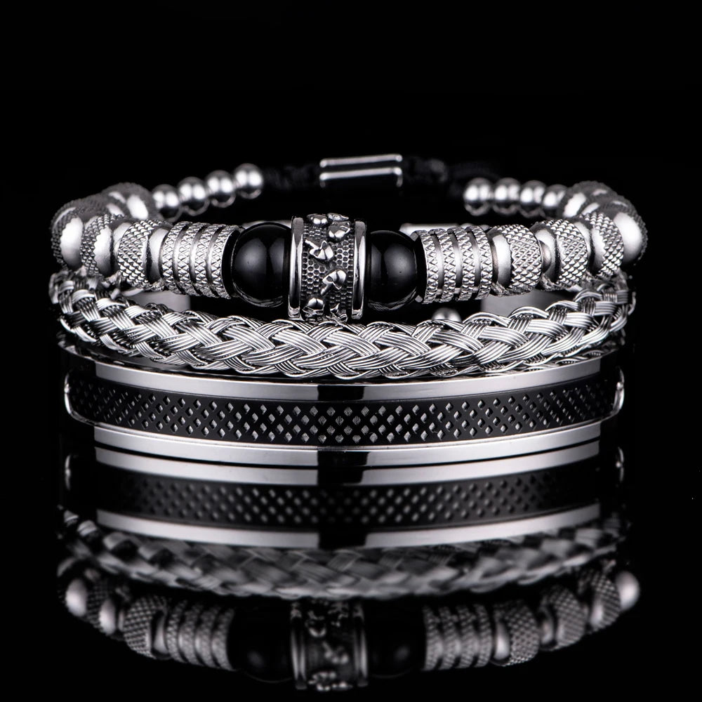 AUSHC - Stylish 3-Piece Set: Steel, Skulls, and Stone for Men's Bold Bracelet Game.