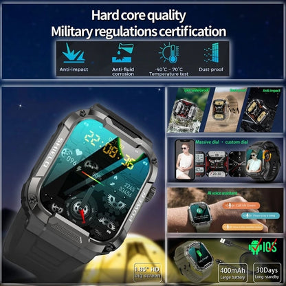 Rugged Military Smartwatch- IP68 Waterproof, AI Voice, Bluetooth Call