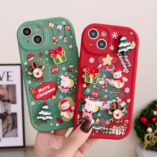 AUSHC - Ottwn 3D Cartoon Elk Santa Claus Tree Christmas Phone Case For iPhone 13 11 12 Pro Max 13 14 Plus X XR XS 7 8 Plus SE 2020 Cover