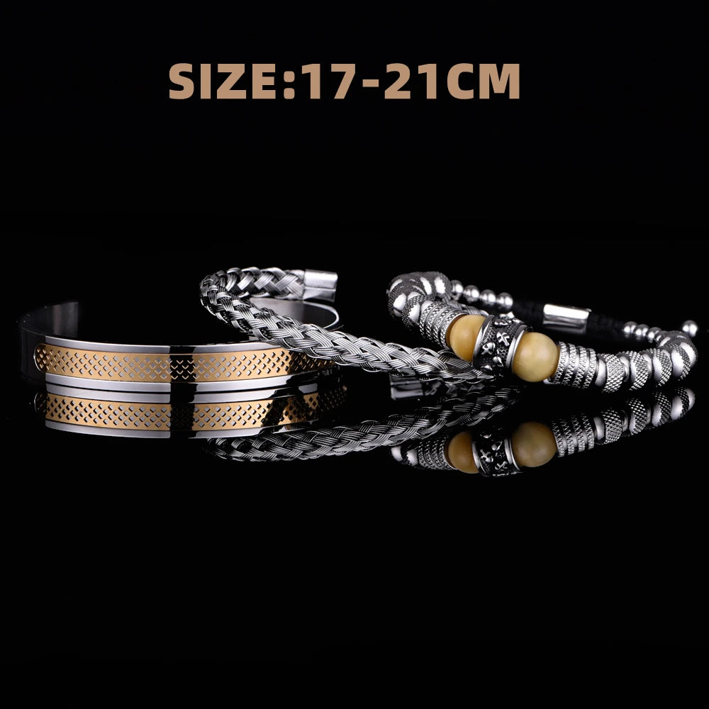 AUSHC - Stylish 3-Piece Set: Steel, Skulls, and Stone for Men's Bold Bracelet Game.