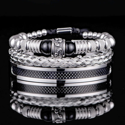 AUSHC - Stylish 3-Piece Set: Steel, Skulls, and Stone for Men's Bold Bracelet Game.